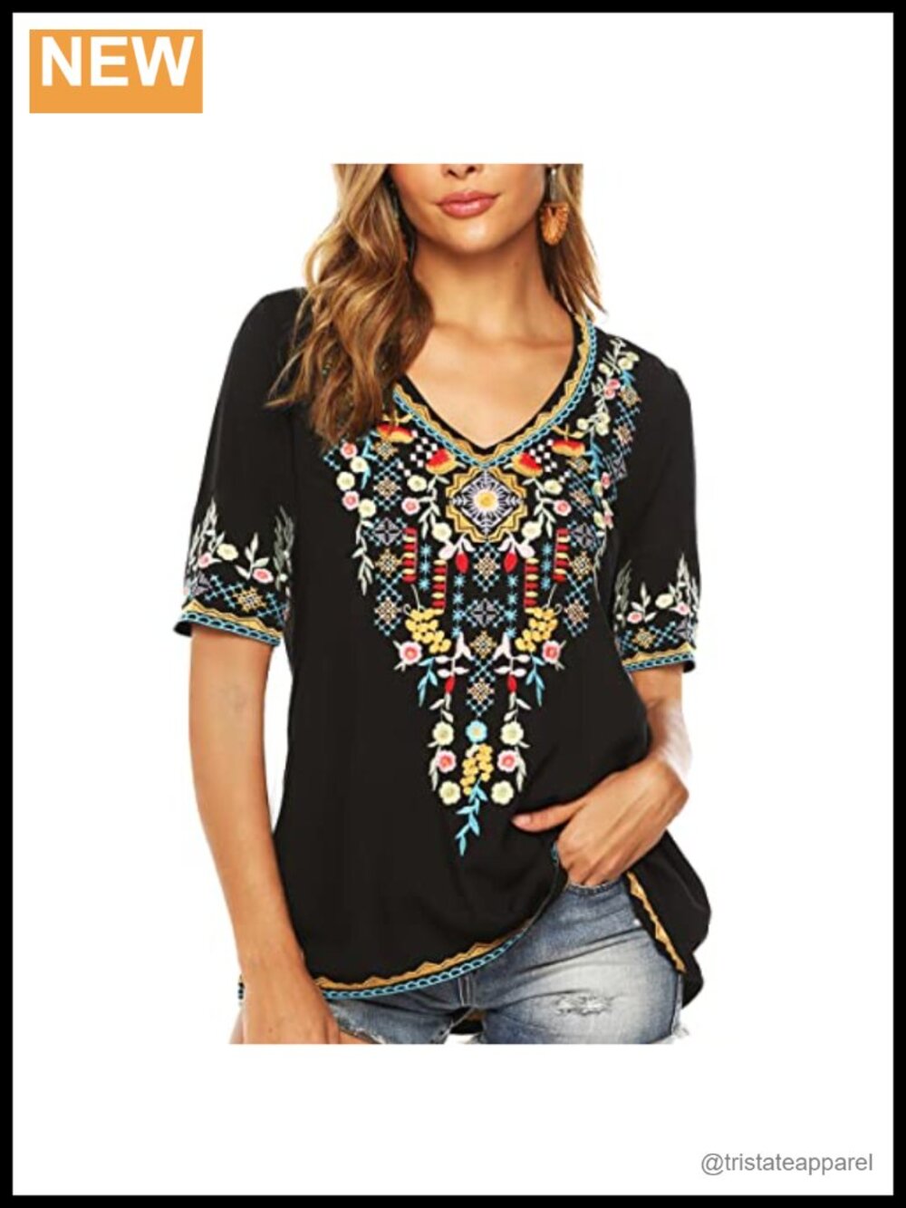 Embroidered Boho Blouse Women's Short Sleeve Peasant Top Floral Tunic